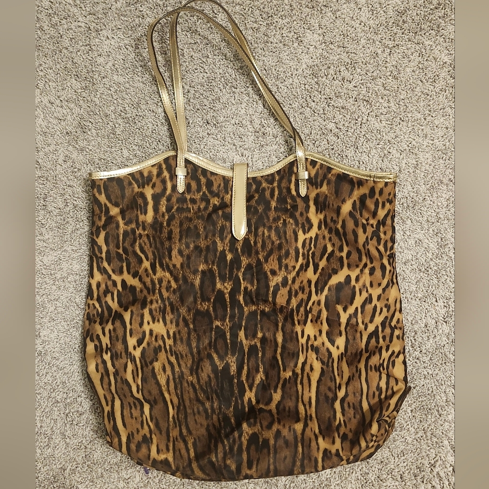 NWOT Lauren Ralph Lauren $128 Fabric And Leather Large Tote Bag Ocelot Gold